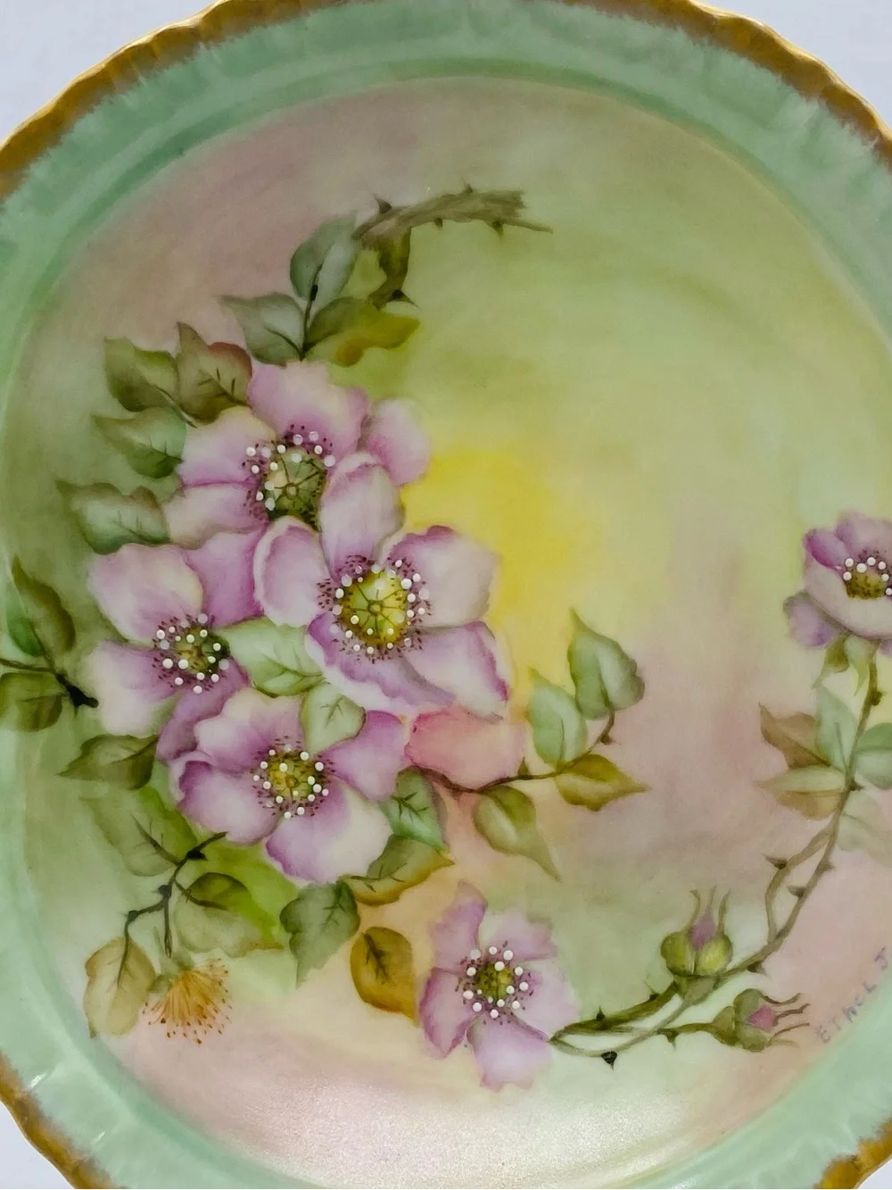 Antique Hand-Painted Floral Serving/ Trinket Dish - Mint Green And Gold Edge